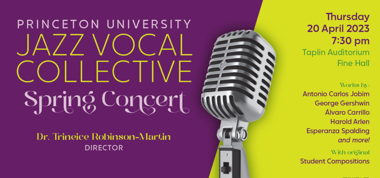 poster split into two sections with a large silver microphone dividing the two. One side has a dark purple background with text that reads Jazz Vocal Collective. The other side has a lime green background. Read the description for more details.