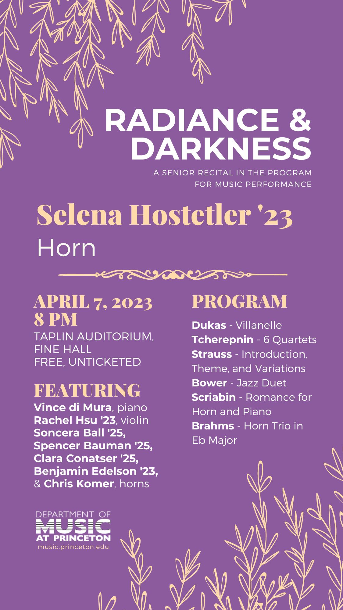light purple poster with white text that reads "Radiance & Darkness." Read the description below for more details.
