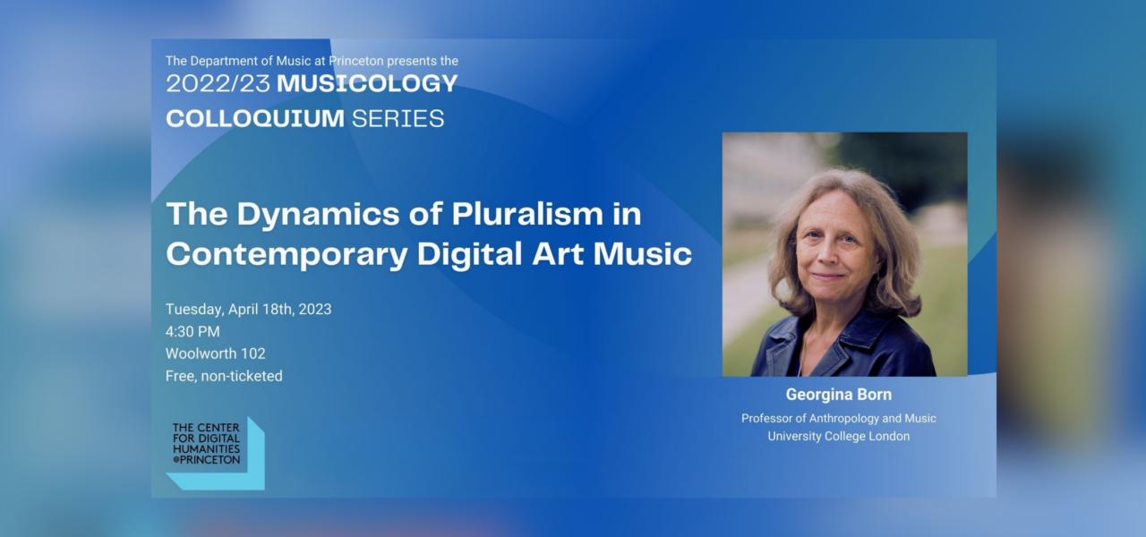 poster with blue abstract background with a square image of Georgina Born about a April 18 Colloquium Series