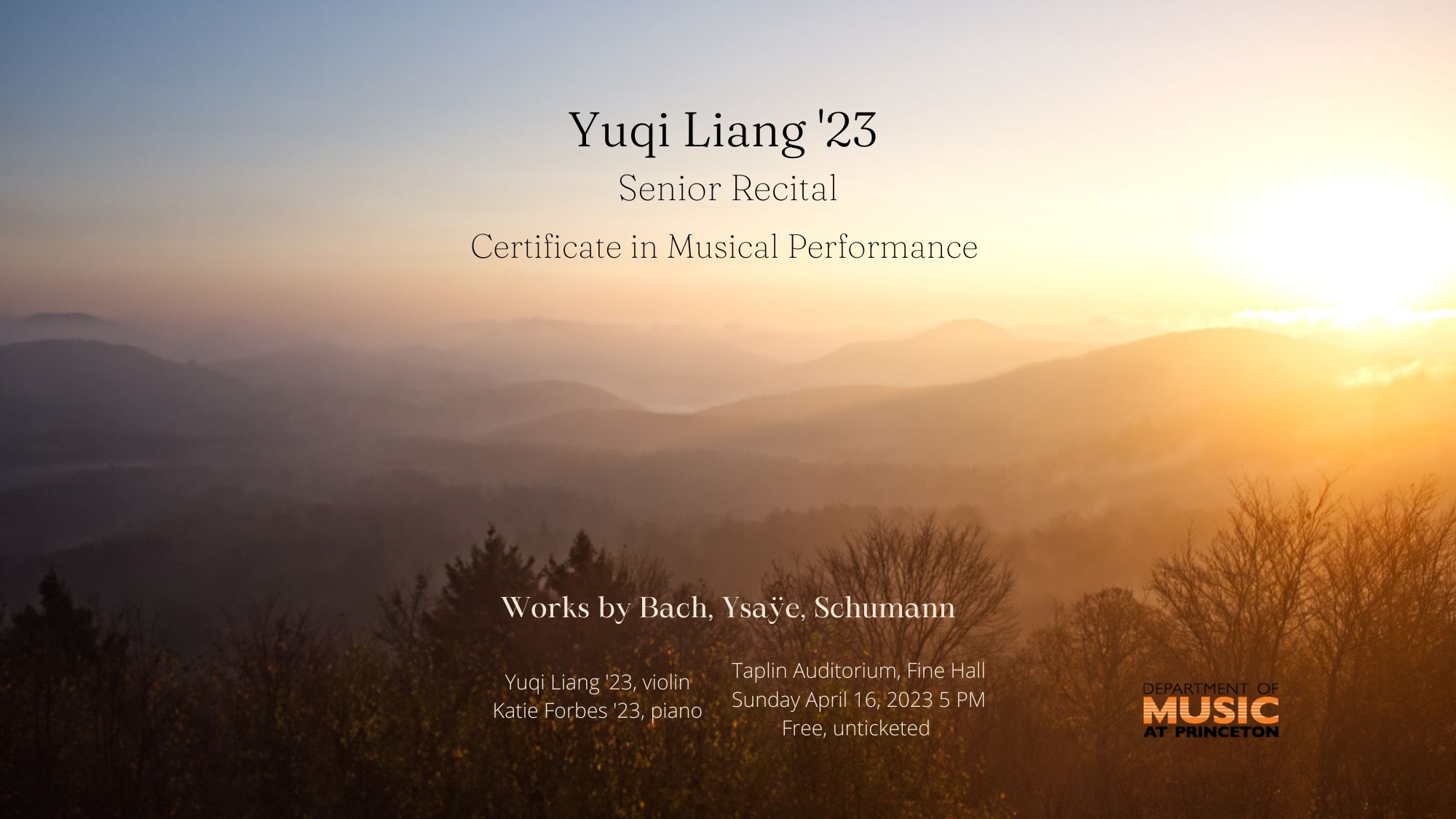 Poster of mountains in the distance with sun peeking over the top. With black text that reads Yuqi Liang Certificate in Music Performance.