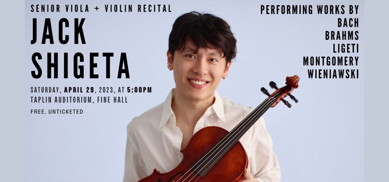 poster of Jack Shigeta holding a viola instrument, with a light blue background. With text that reads Jack Shigeta Senior Recital