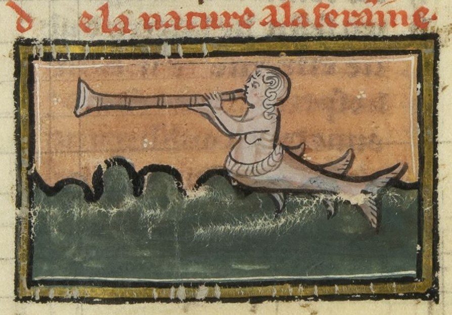 A medieval drawing of a mythological creature playing an instrument